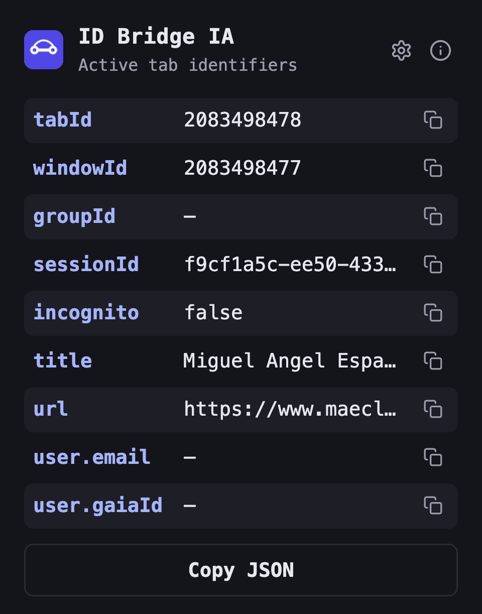 ID Bridge IA popup showing the active tab identifiers in dark mode